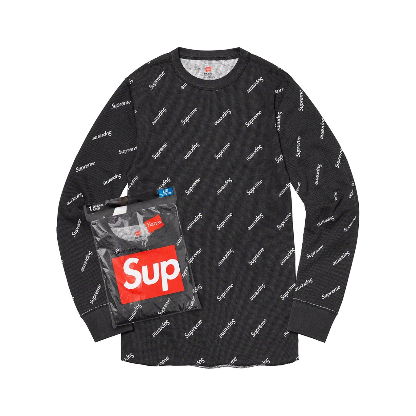 Supreme Hanes Thermal Crew (1 Pack) Black Logos Supreme