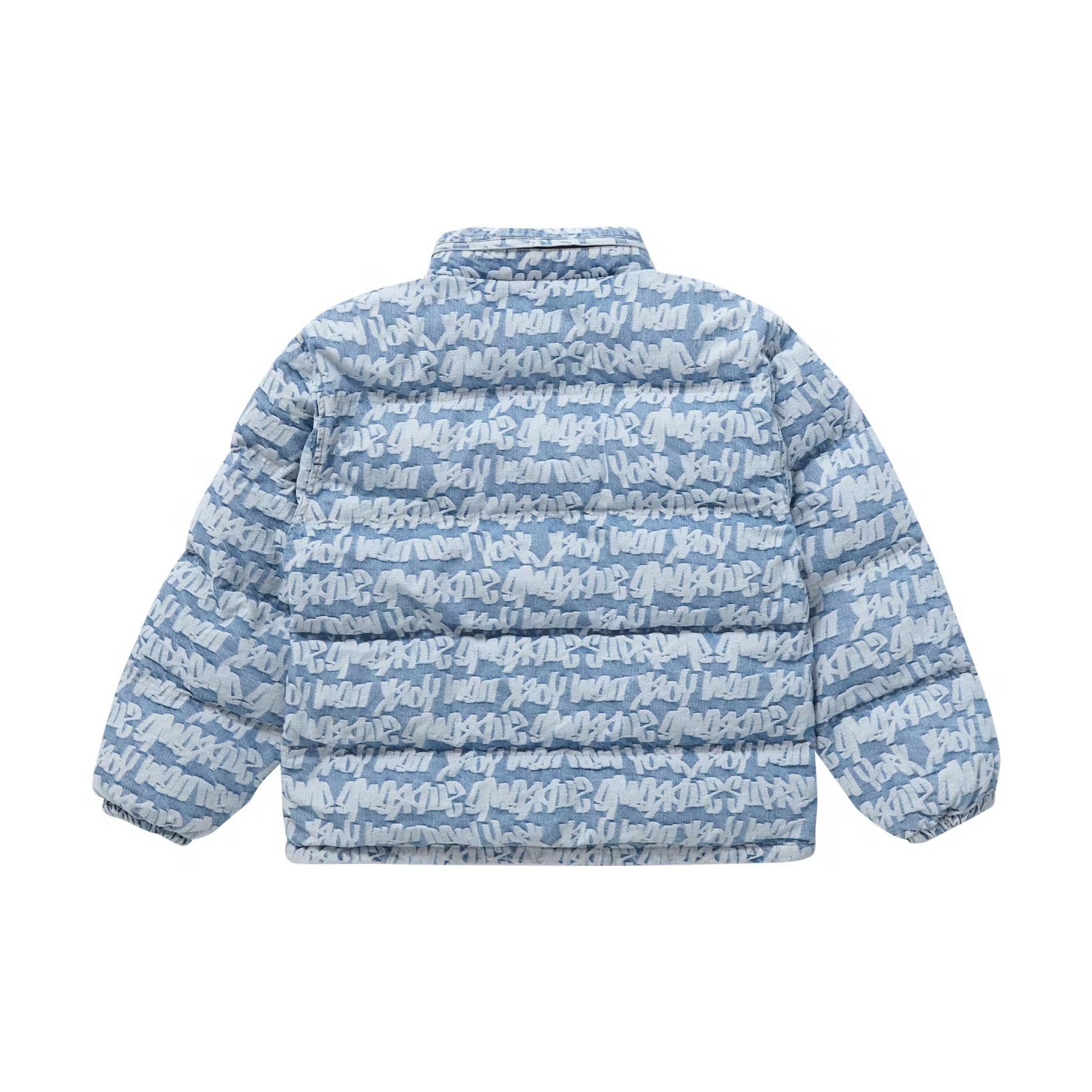 Supreme Fat Tip Jacquard Denim Puffer Jacket Blue – CRUIZER Supreme Fat Tip Jacquard Denim Puffer Jacket Blue – CRUIZER