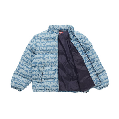 Supreme Fat Tip Jacquard Denim Puffer Jacket Blue – CRUIZER Supreme Fat Tip Jacquard Denim Puffer Jacket Blue – CRUIZER