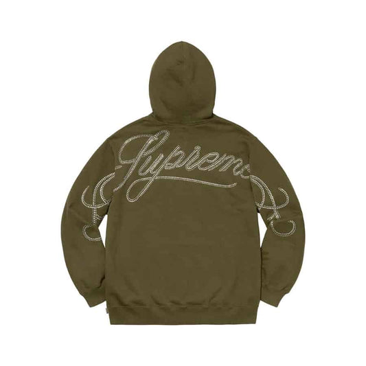 Supreme Rhinestone Script Hooded Sweatshirt Dark Olive Supreme
